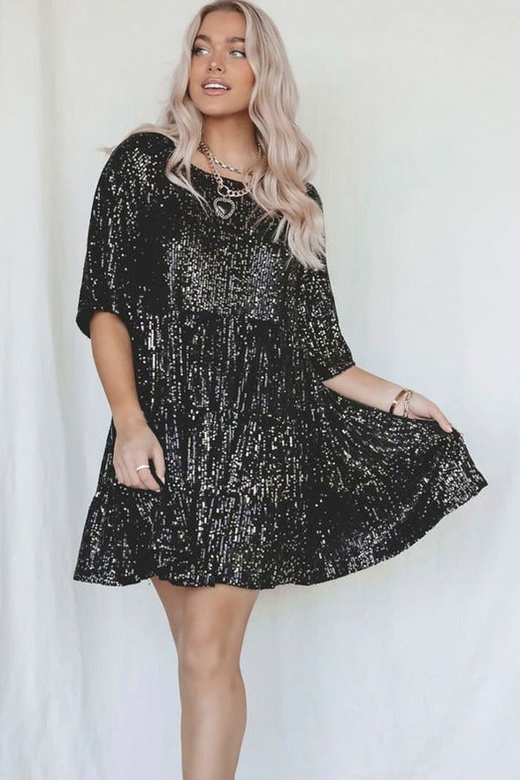 Sequin Short Sleeve Babydoll Tiered Mini Dress