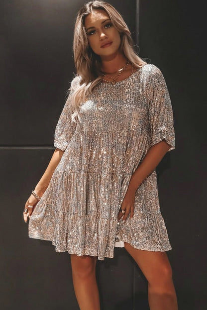 Sequin Short Sleeve Babydoll Tiered Mini Dress