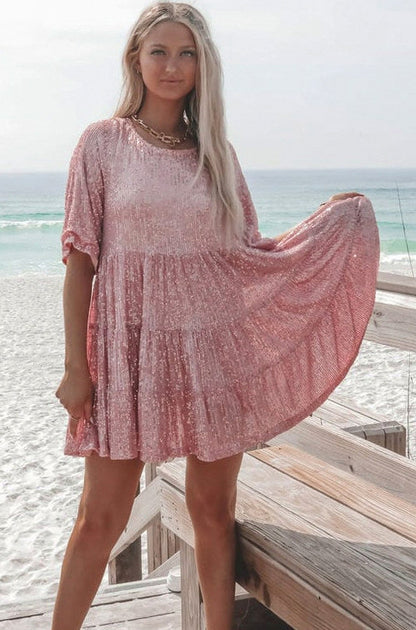 Sequin Short Sleeve Babydoll Tiered Mini Dress