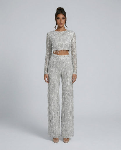 Sequin Fringe Long Sleeve Two Piece Set