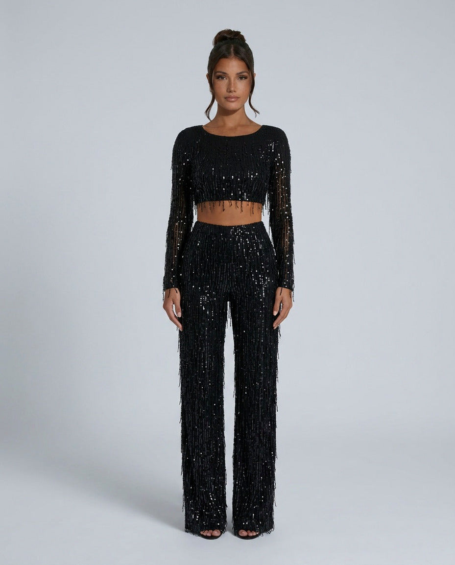 Sequin Fringe Long Sleeve Two Piece Set