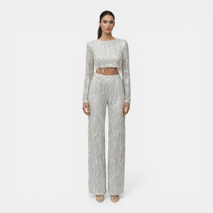 Sequin Fringe Long Sleeve Two Piece Set