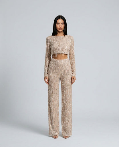 Sequin Fringe Long Sleeve Two Piece Set