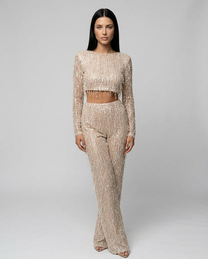 Sequin Fringe Long Sleeve Two Piece Set
