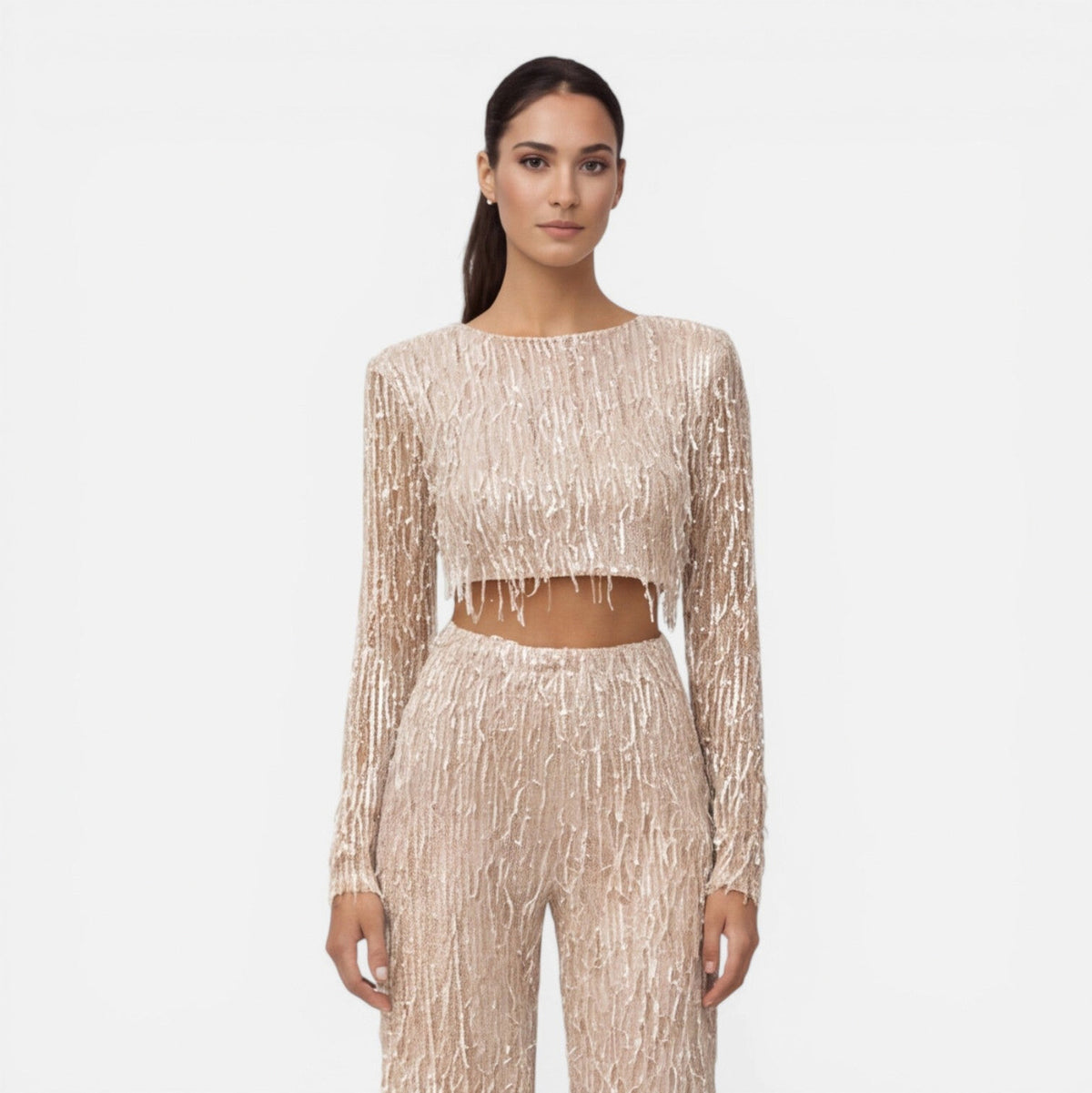 Sequin Fringe Long Sleeve Two Piece Set