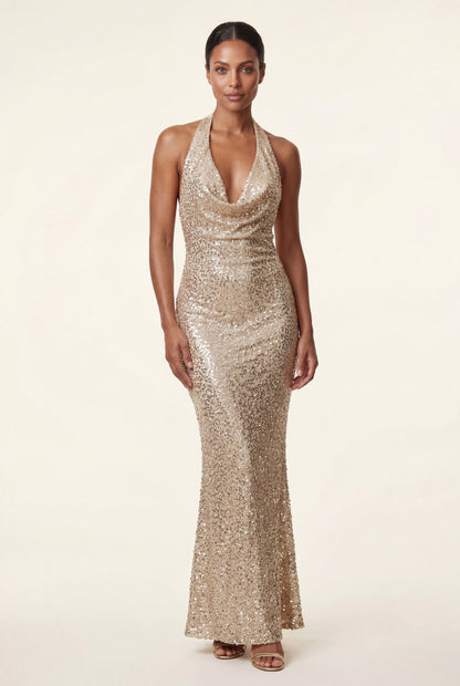 Sequin Halter Cowl Maxi Dress