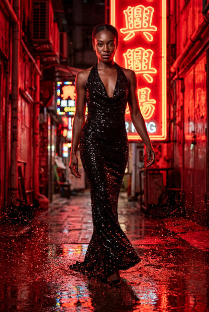 Sequin Halter Cowl Maxi Dress