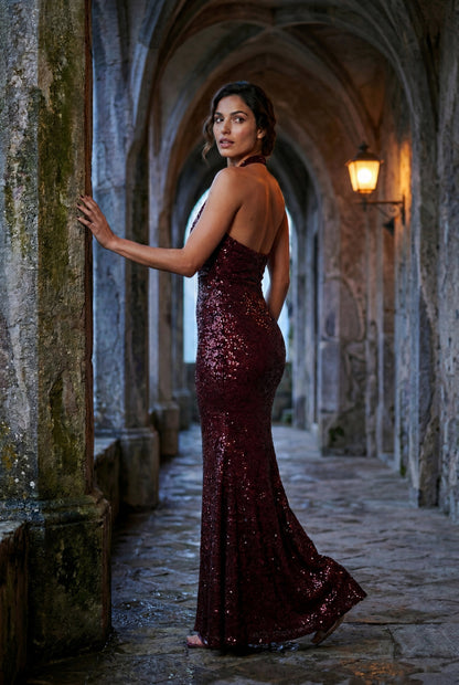 Sequin Halter Cowl Maxi Dress