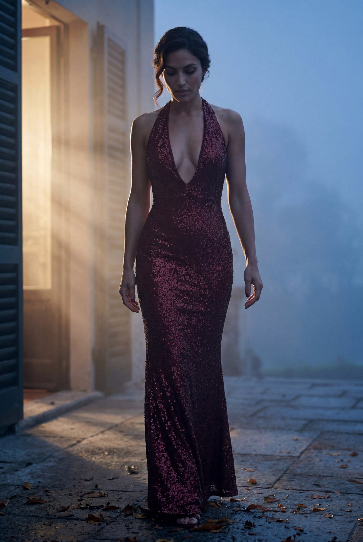 Sequin Halter Cowl Maxi Dress