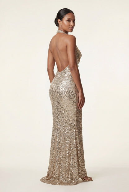 Sequin Halter Cowl Maxi Dress