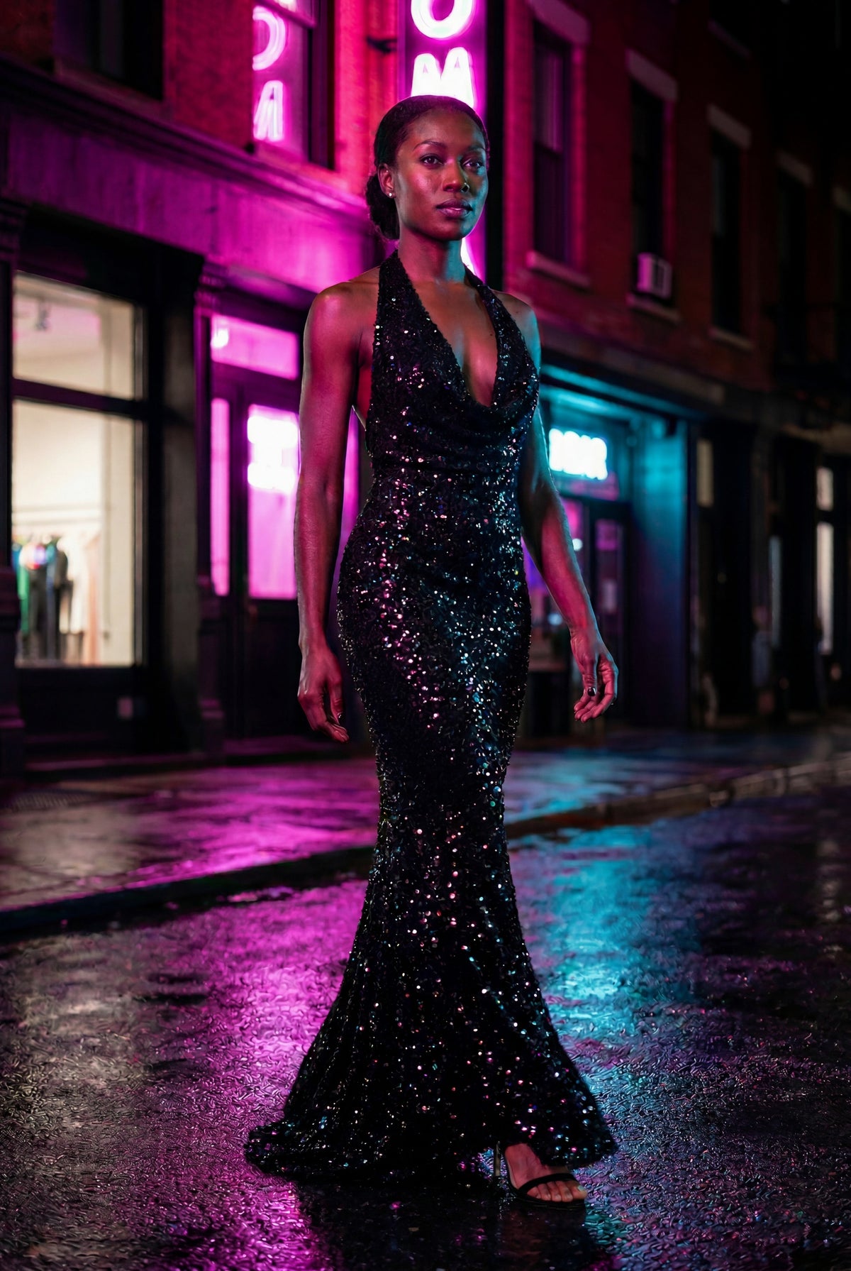 Sequin Halter Cowl Maxi Dress