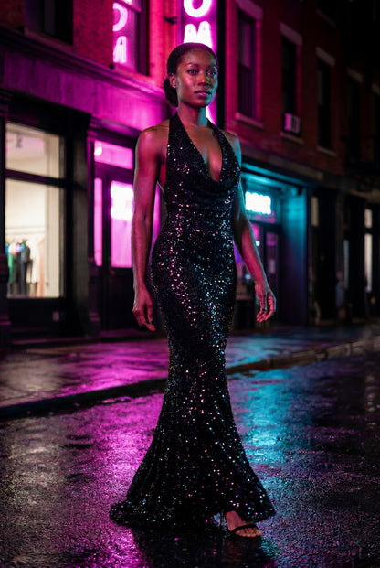 Sequin Halter Cowl Maxi Dress