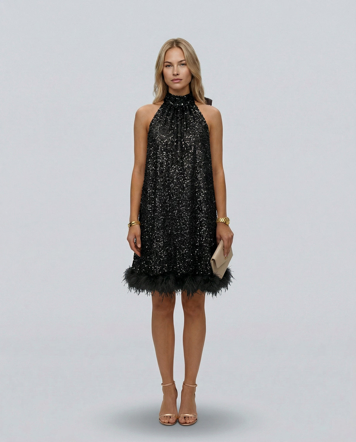 Sequin Halter Feather Hem Mini Dress
