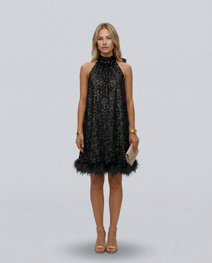 Sequin Halter Feather Hem Mini Dress