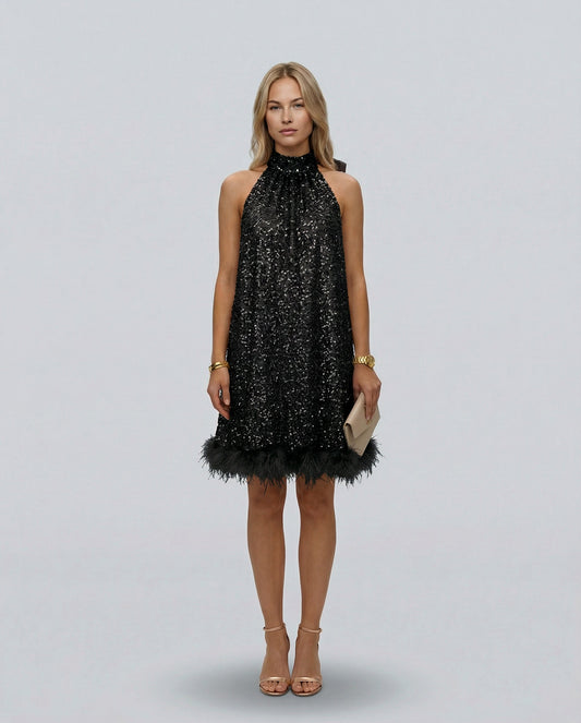 Sequin Halter Feather Hem Mini Dress