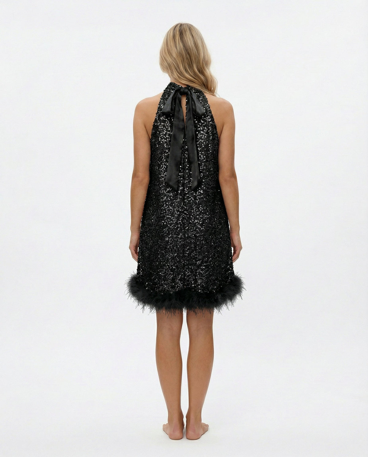 Sequin Halter Feather Hem Mini Dress