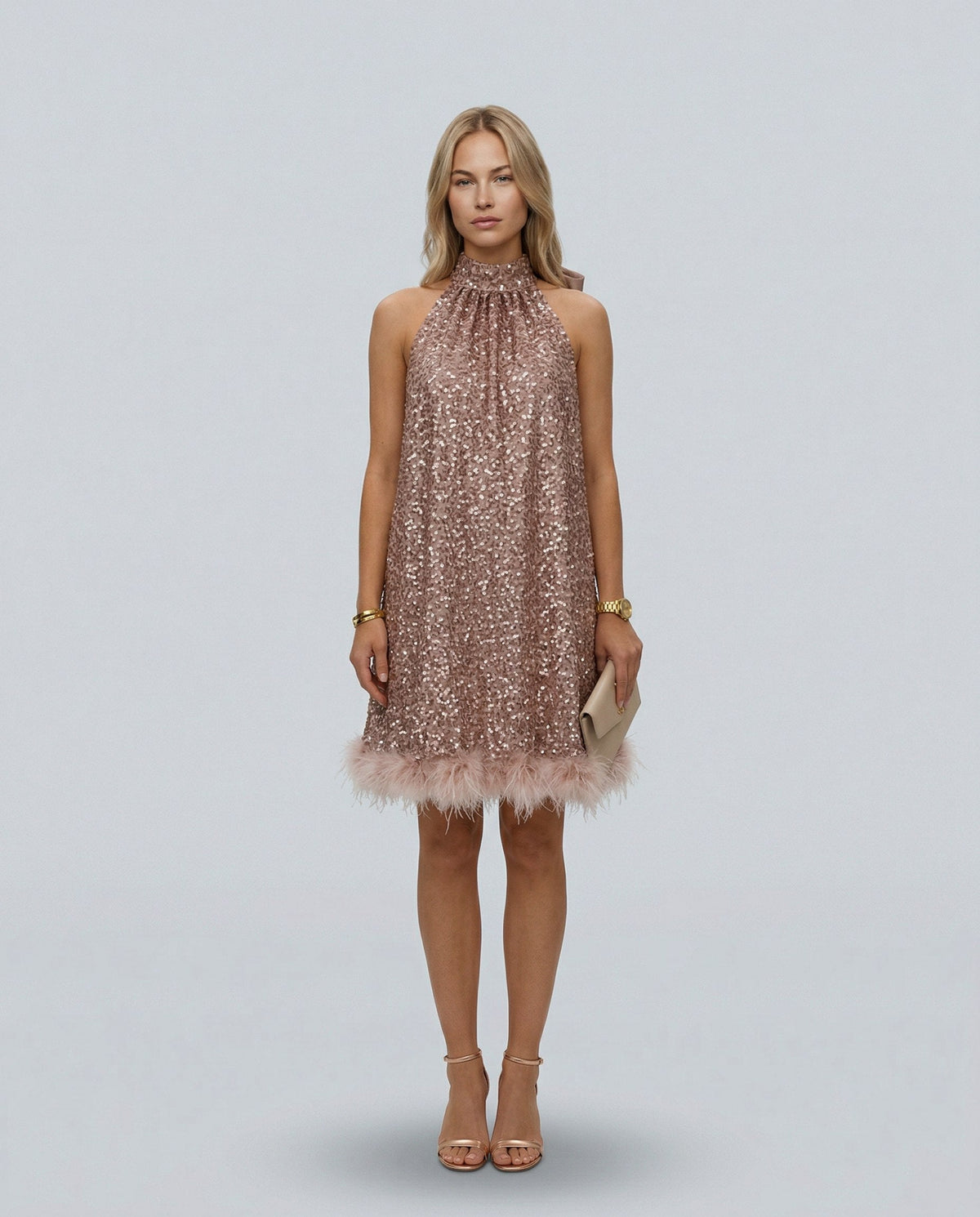 Sequin Halter Feather Hem Mini Dress