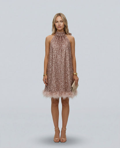 Sequin Halter Feather Hem Mini Dress