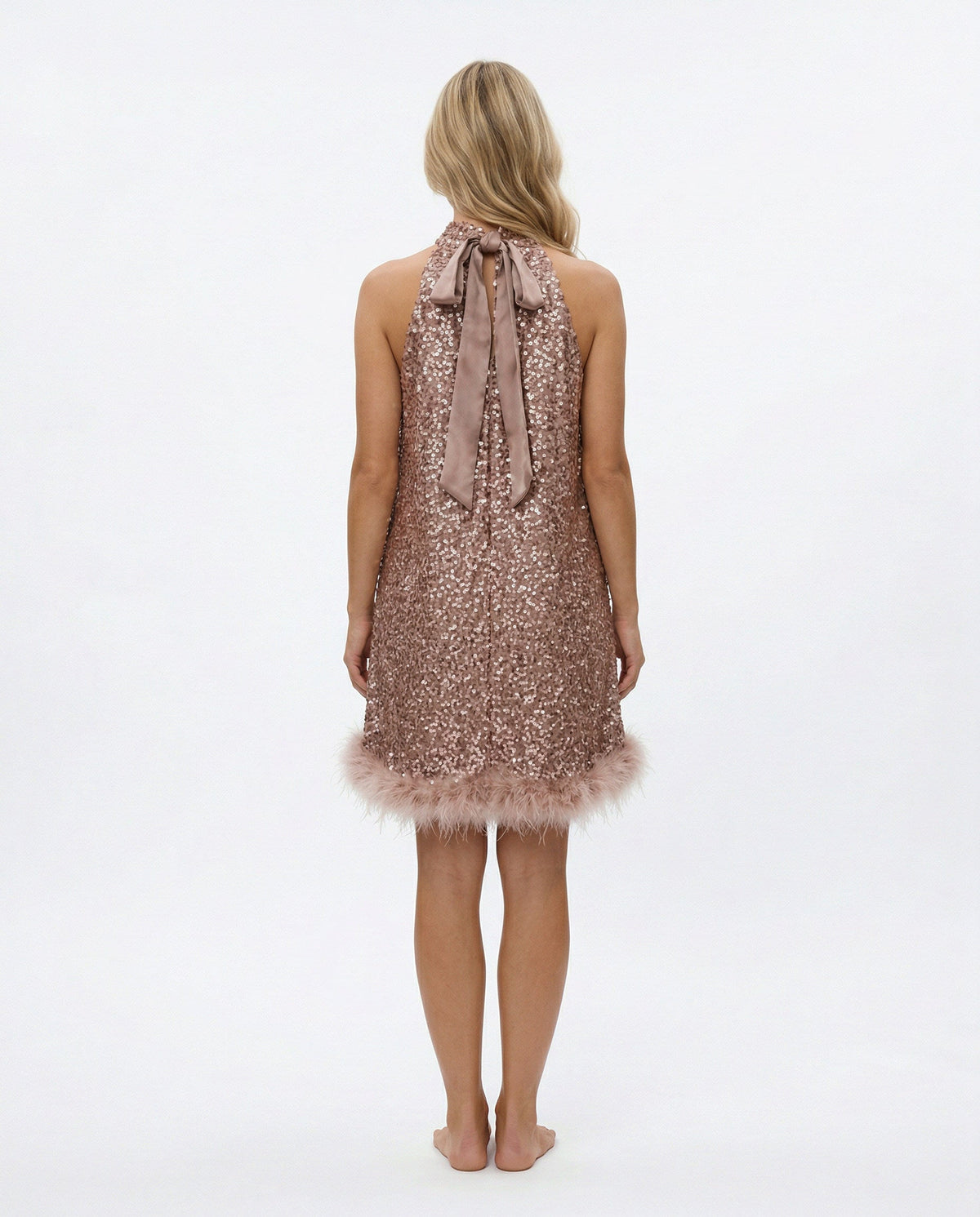 Sequin Halter Feather Hem Mini Dress