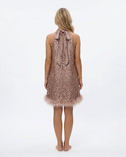 Sequin Halter Feather Hem Mini Dress