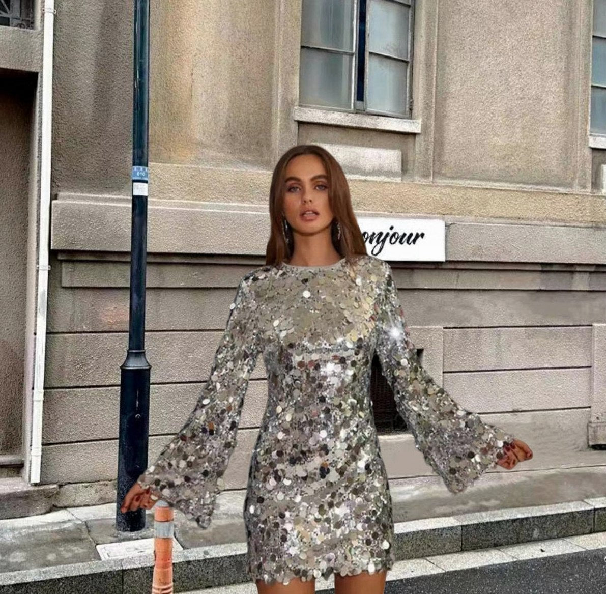 Sequin Long Bell Sleeve Mini Dress