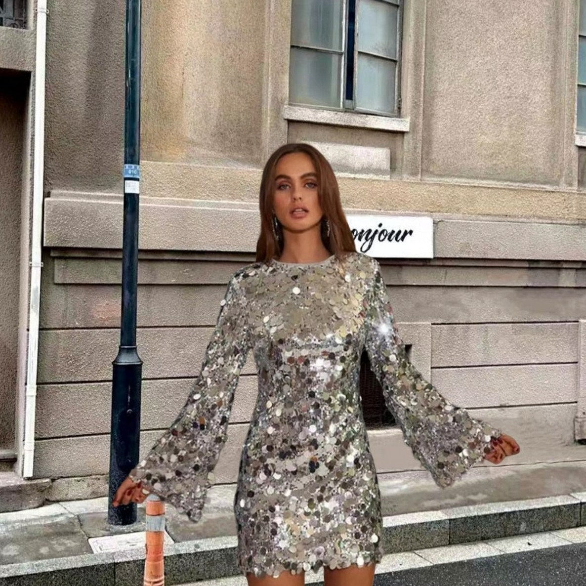 Sequin Long Bell Sleeve Mini Dress
