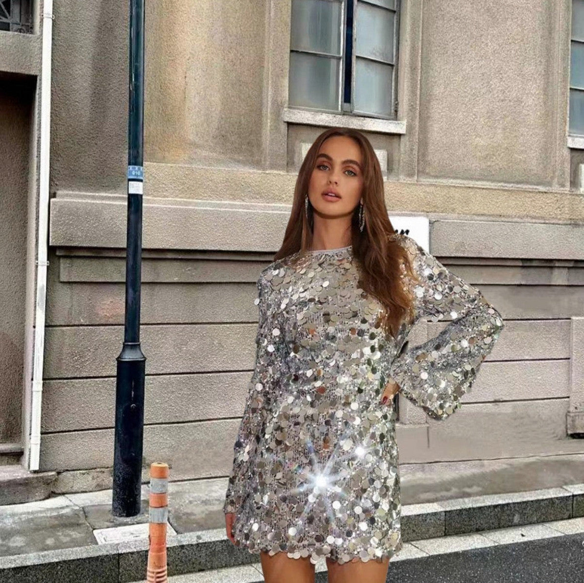 Sequin Long Bell Sleeve Mini Dress