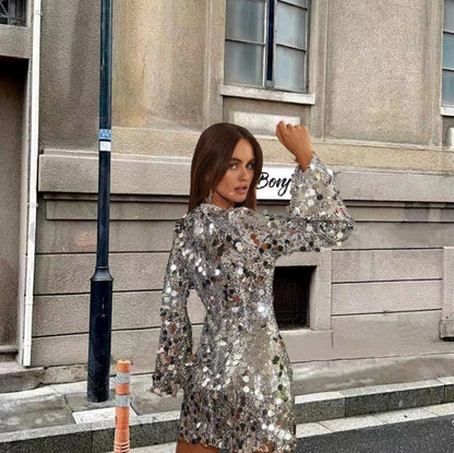 Sequin Long Bell Sleeve Mini Dress