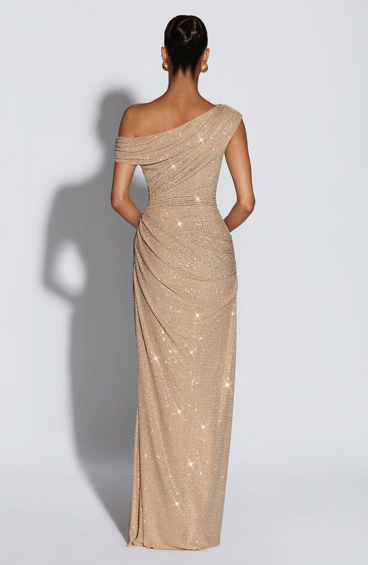 Sequin One Shoulder Draped Maxi Dress