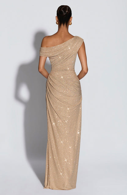 Sequin One Shoulder Draped Maxi Dress