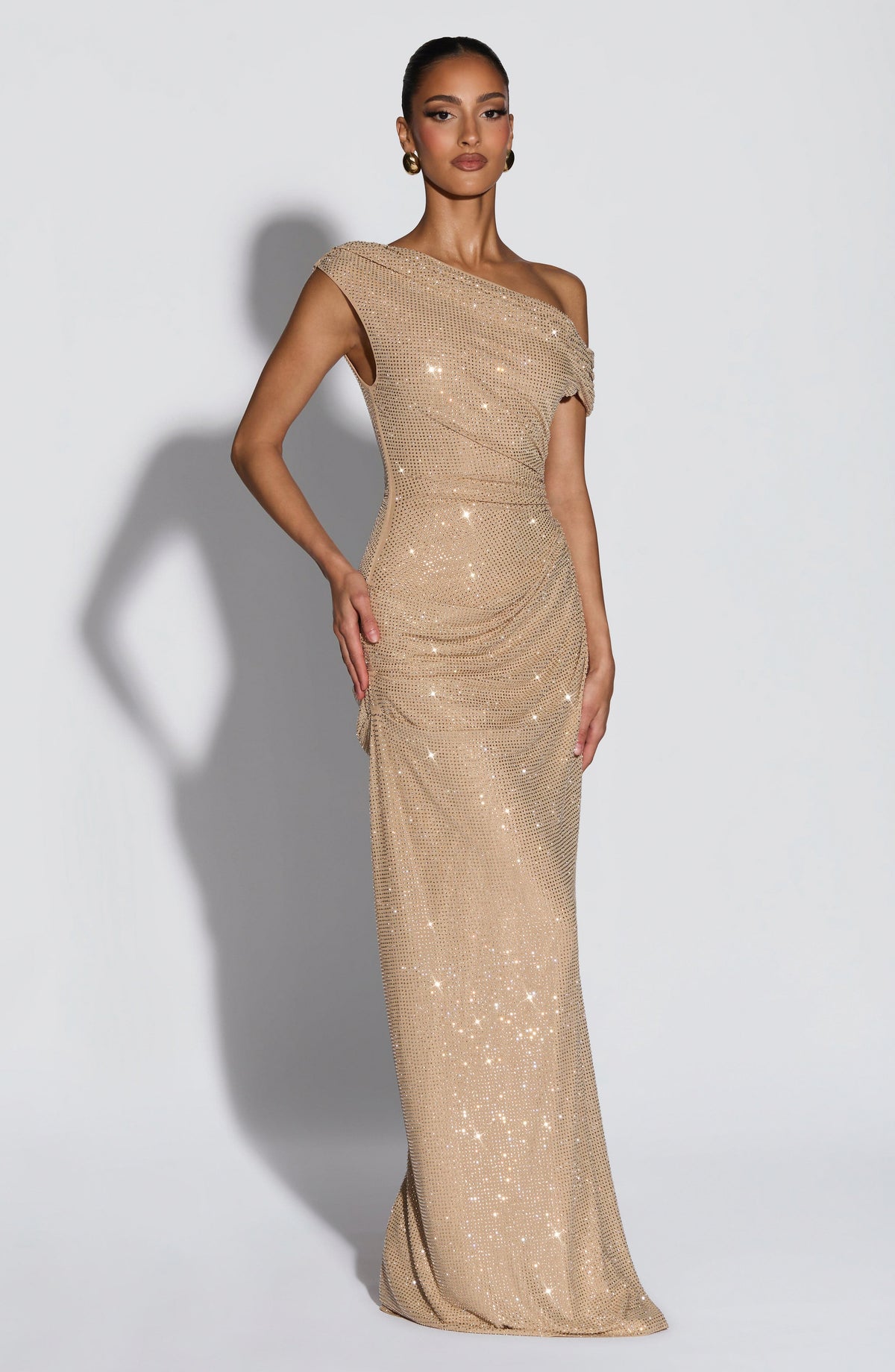 Sequin One Shoulder Draped Maxi Dress