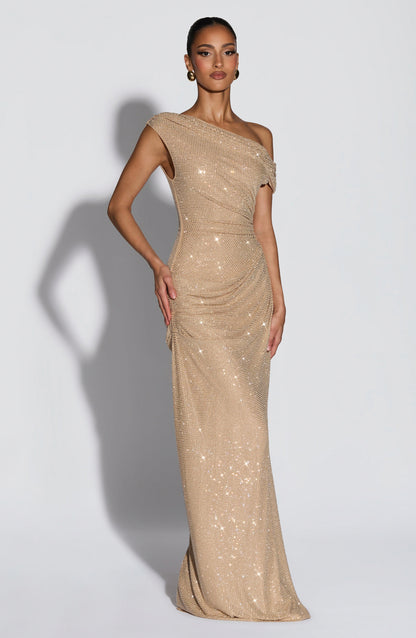 Sequin One Shoulder Draped Maxi Dress