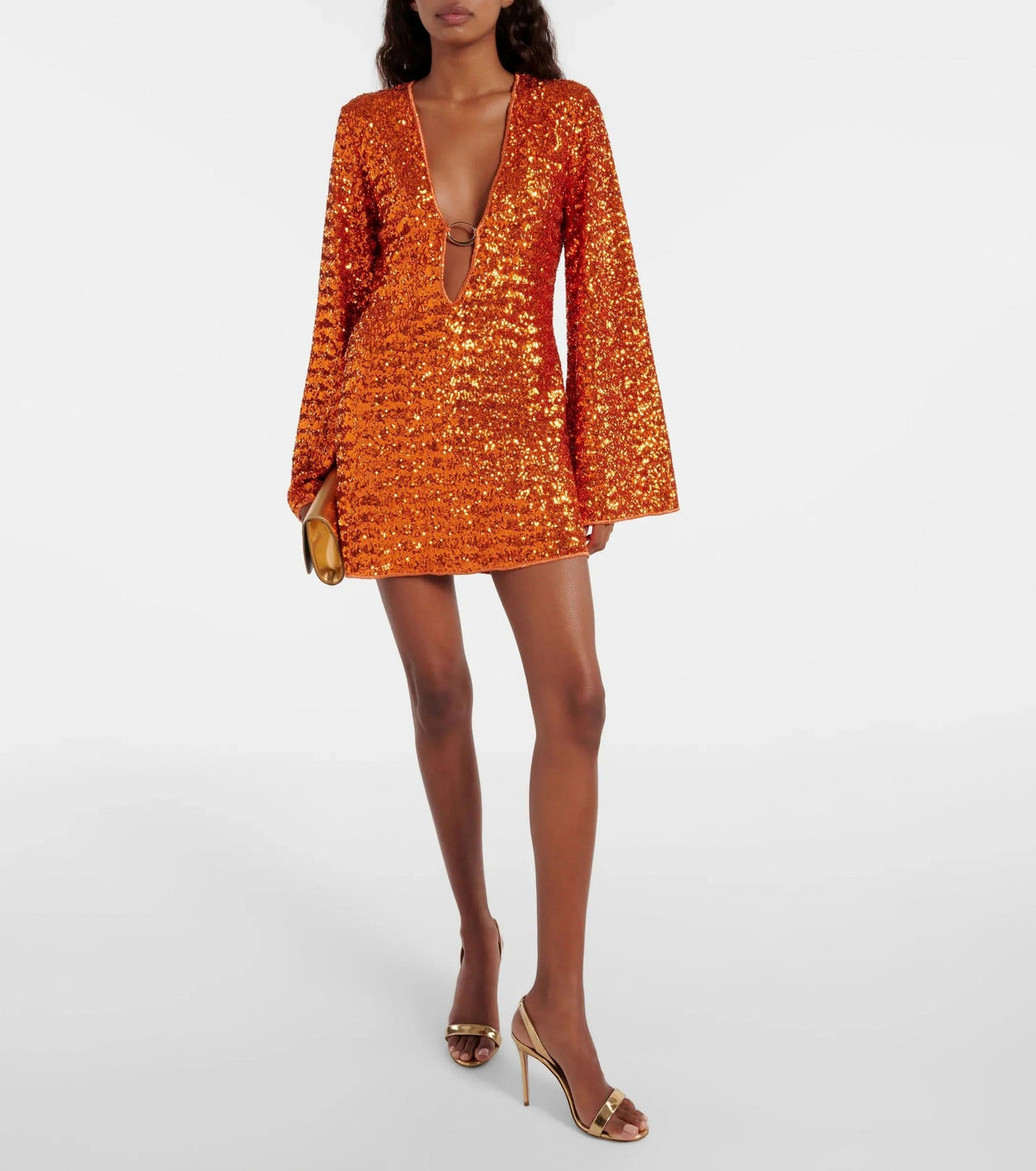 Sequin Long Sleeve Plunge Mini Dress