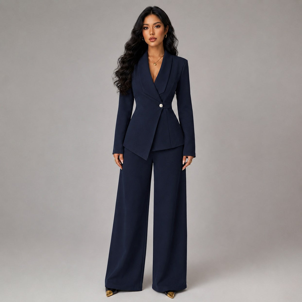 Shawl Collar Asymmetric Pants Matching Set