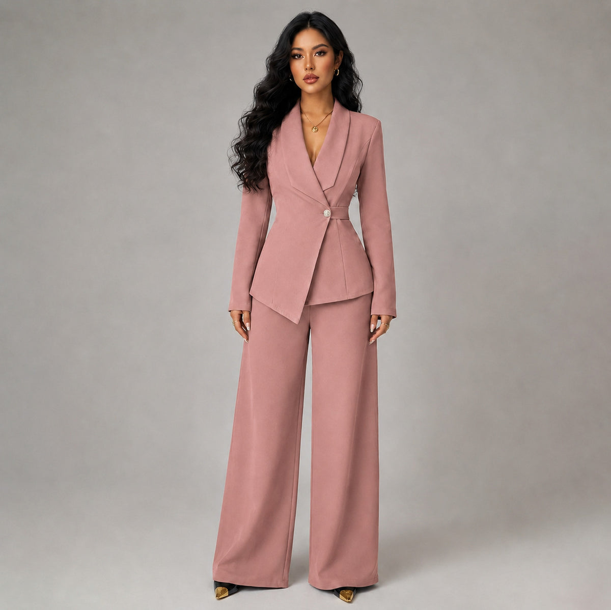 Shawl Collar Asymmetric Pants Matching Set