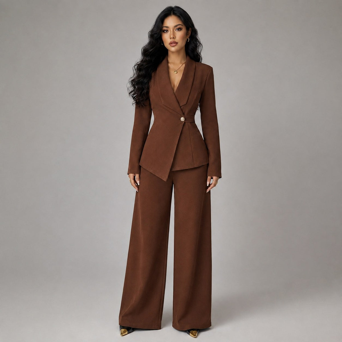 Shawl Collar Asymmetric Pants Matching Set