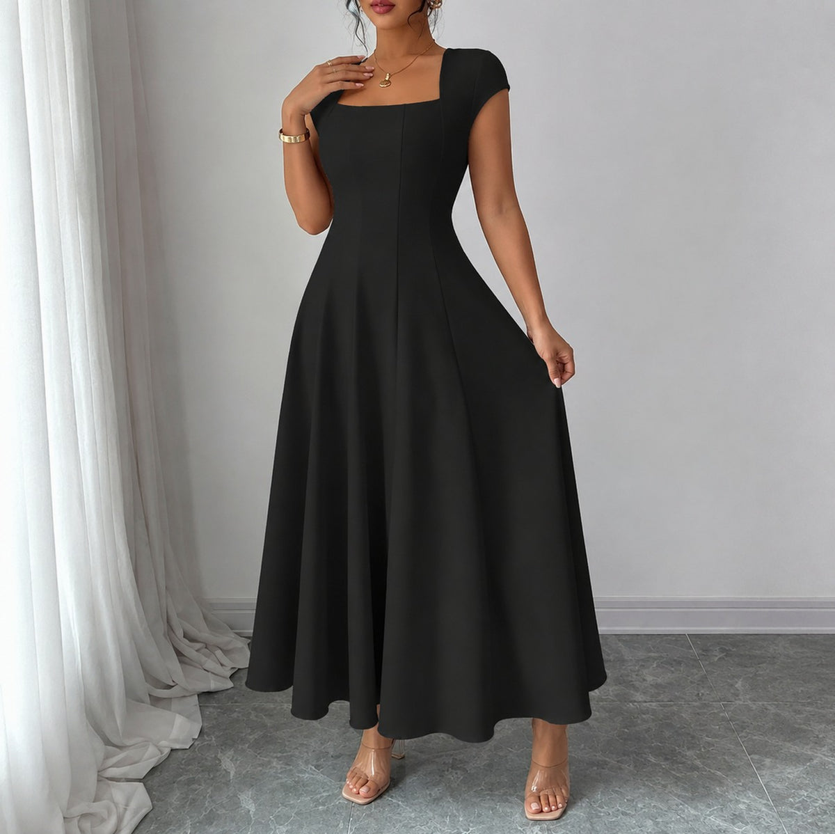 Square Neck Cap Sleeve Midi Dress