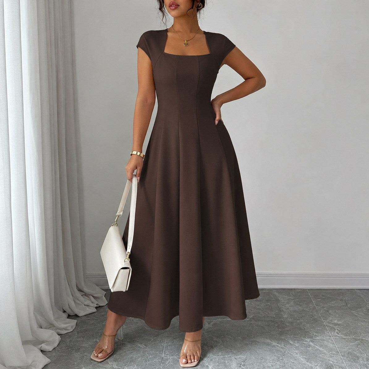 Square Neck Cap Sleeve Midi Dress