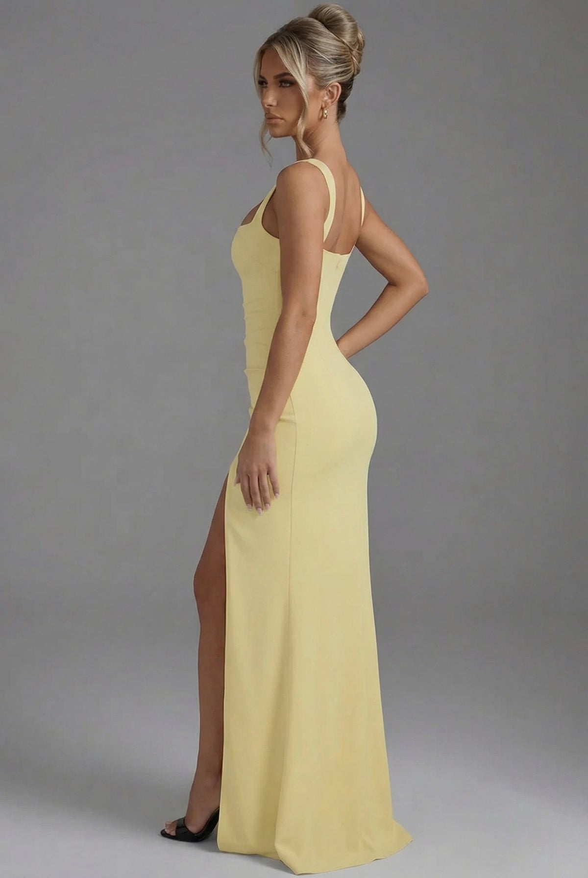 Square Neck Draped Ruched Slit Maxi Dress