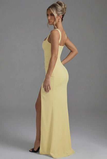 Square Neck Draped Ruched Slit Maxi Dress