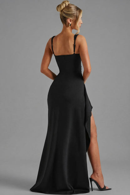 Square Neck Draped Ruched Slit Maxi Dress