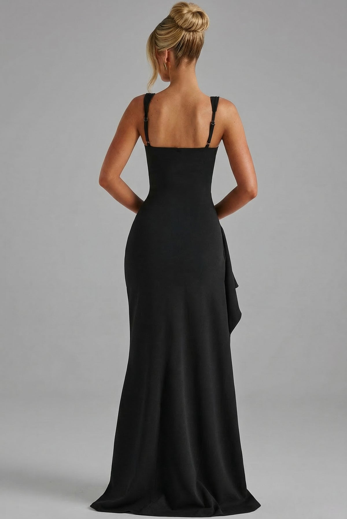 Square Neck Draped Ruched Slit Maxi Dress