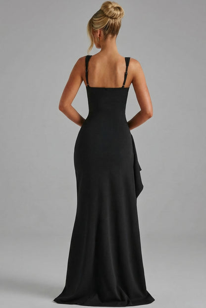 Square Neck Draped Ruched Slit Maxi Dress
