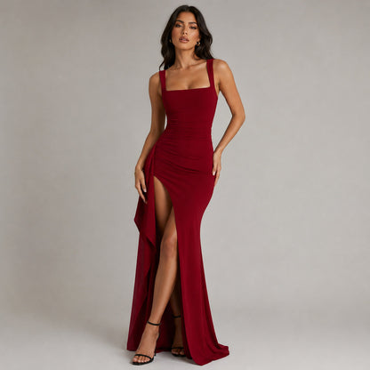 Square Neck Draped Ruched Slit Maxi Dress
