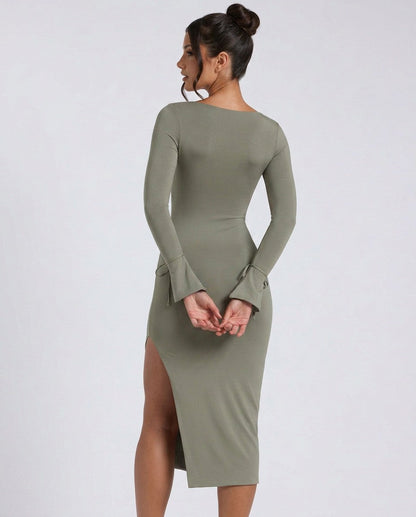 Long Sleeve Square Neck Midi Dress