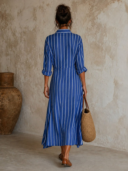 Striped Long Sleeve Button Front Shirt Dress