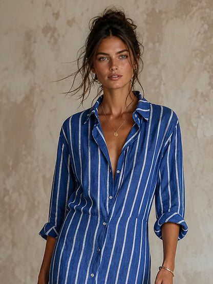 Striped Long Sleeve Button Front Shirt Dress