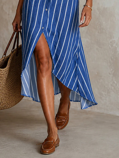 Striped Long Sleeve Button Front Shirt Dress