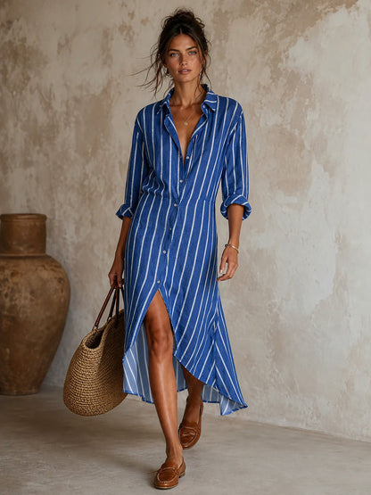 Striped Long Sleeve Button Front Shirt Dress