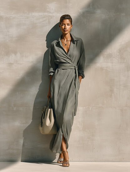 Striped Long Sleeve Tie Waist Wrap Maxi Dress